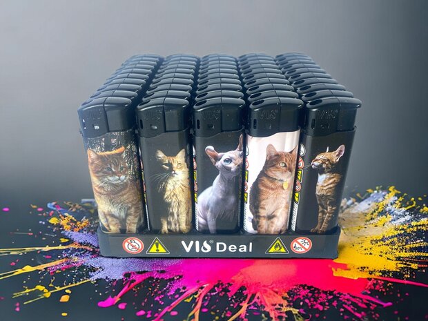 Lighters - 50 pieces in tray - cat print - refillable and click - Tom lighter