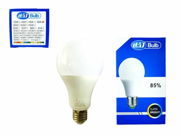 LED verlichting - E27 fitting - 1W vervangt 18W - 6500K daglicht wit Energy A