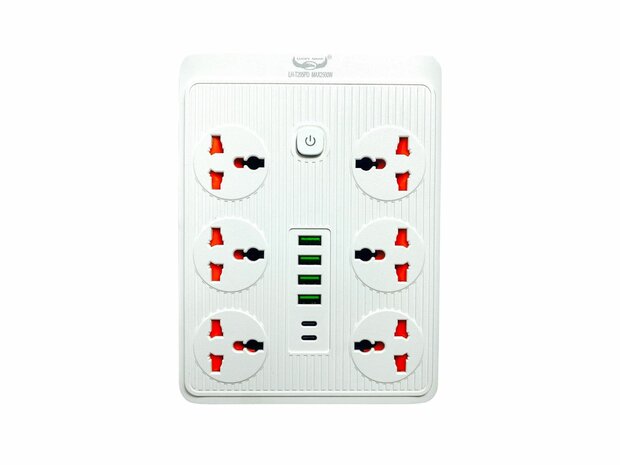 Premium-Steckdosenleiste mit 6 Steckern und 6 USB-Eing&auml;ngen + 2 USB-C 20W Schnellladeger&auml;t 185 cm Kabel &ndash; Geeignet f&uuml;r EU, UK, US | Ein / Aus Schalter