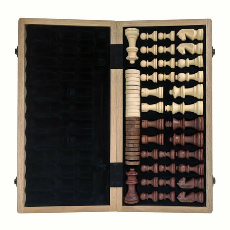 &Eacute;checs et dames 2en1 - 38X38CM - &eacute;chiquier en bois de h&ecirc;tre pliable - 2 Reines suppl&eacute;mentaires