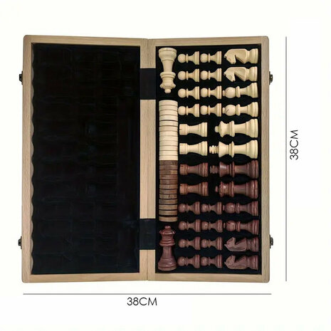 &Eacute;checs et dames 2en1 - 38X38CM - &eacute;chiquier en bois de h&ecirc;tre pliable - 2 Reines suppl&eacute;mentaires