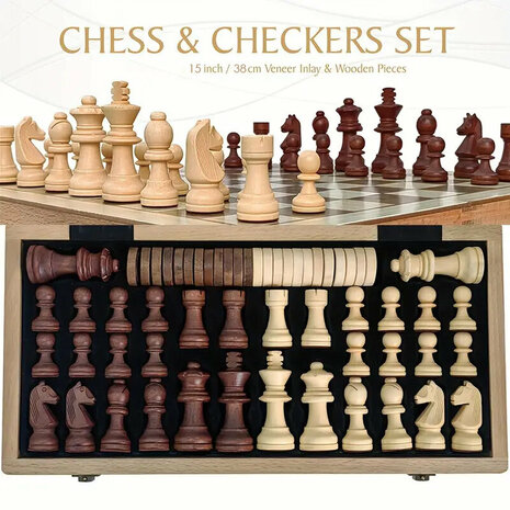 &Eacute;checs et dames 2en1 - 38X38CM - &eacute;chiquier en bois de h&ecirc;tre pliable - 2 Reines suppl&eacute;mentaires