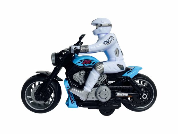 Racing motorcycle toy - with siren and light - friction drive blue