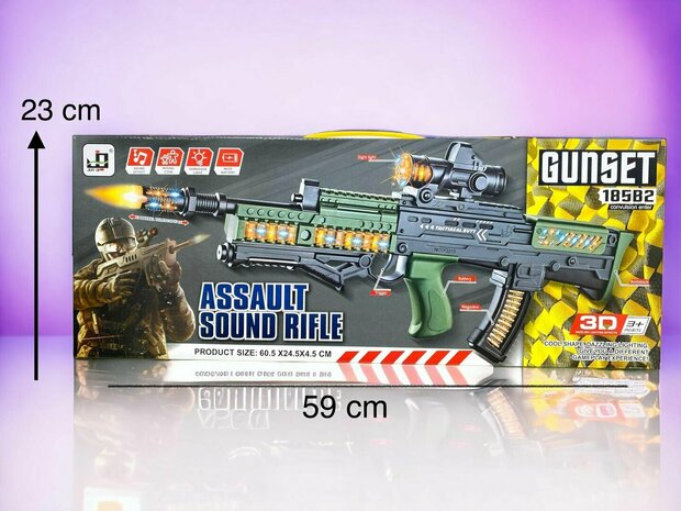 Speelgoed geweer Assault Sound Rifle - met 3D licht en geluid - tril effect - bewegende kogelriem - 60CM