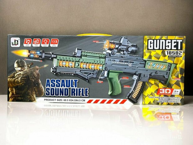 Speelgoed geweer Assault Sound Rifle - met 3D licht en geluid - tril effect - bewegende kogelriem - 60CM