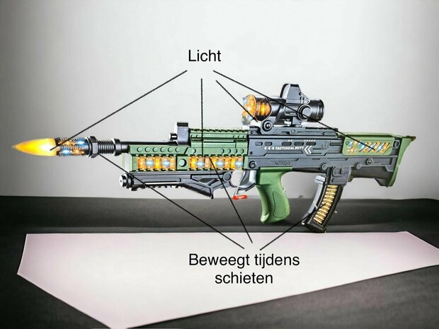 Speelgoed geweer Assault Sound Rifle - met 3D licht en geluid - tril effect - bewegende kogelriem - 60CM