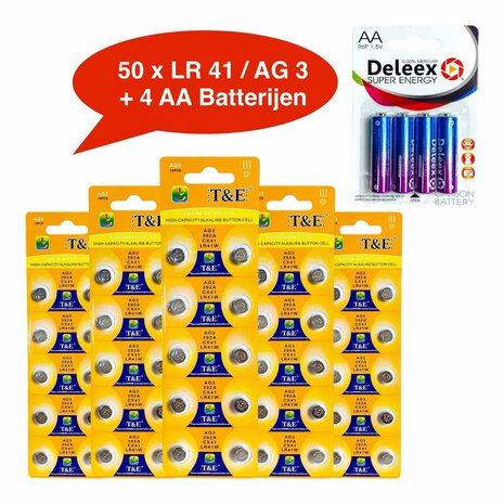 Batterien AG 3 / 392A Alkaline - 5 x 10 Streifen - 50 St&uuml;ck Knopfzelle + 4 St&uuml;ck AA Deleex