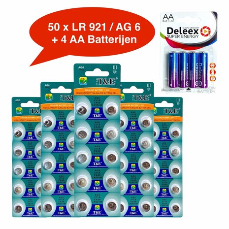 Batteries AG 6 / LR69 Alkaline - 5 x 10 strips - 50 pieces button cell + 4 pieces AA Deleex