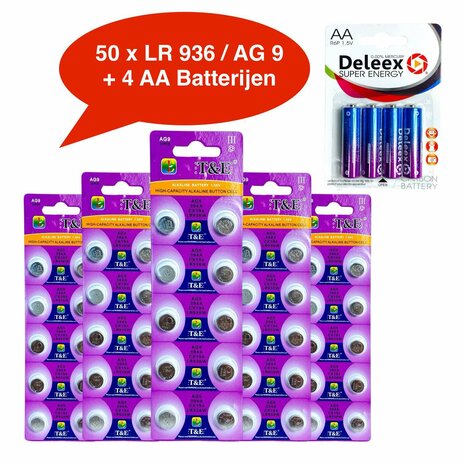 Batteries AG 9 / LR45 Alkaline - 5 x 10 strips - 50 pcs button cell + 4 pcs AA Deleex