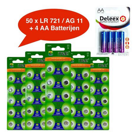 Batteries AG 11 / LR721 Alkaline - 5 x 10 strips - 50 pcs button cell + 4 pcs AA Deleex