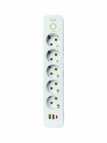 Stekkerdoos met 5 Stopcontacten, 2 USB-poorten + 1 USB-C - 2500W - 3 Meter - Wit - Lucky Hawk