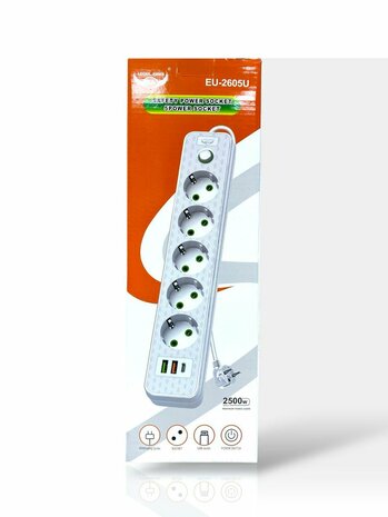 Stekkerdoos met 5 Stopcontacten, 2 USB-poorten + 1 USB-C - 2500W - 3 Meter - Wit - Lucky Hawk