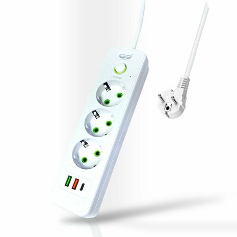 Stekkerdoos met 3 Stopcontacten, 2 USB-poorten + 1 USB-C - 2500W - 2 Meter - Wit - Lucky Hawk