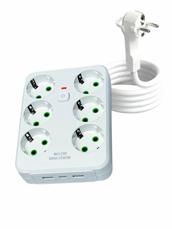 Stekkerdoos met 6 Stopcontacten, 2 USB-poorten + 1 USB-C - 2500W -2 Meter - Wit - Lucky Hawk