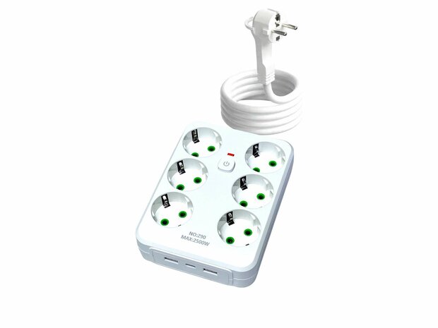 Stekkerdoos met 6 Stopcontacten, 2 USB-poorten + 1 USB-C - 2500W -2 Meter - Wit - Lucky Hawk