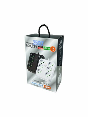 Stekkerdoos met 6 Stopcontacten, 2 USB-poorten + 1 USB-C - 2500W -2 Meter - zwart - Lucky Hawk