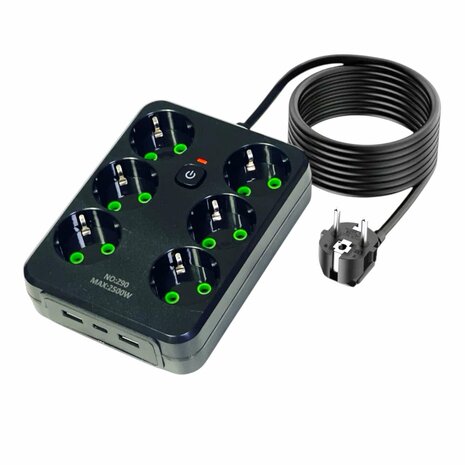 Stekkerdoos met 6 Stopcontacten, 2 USB-poorten + 1 USB-C - 2500W -2 Meter - zwart - Lucky Hawk