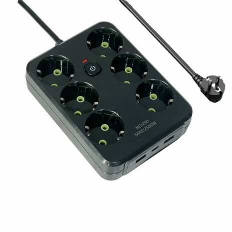 Stekkerdoos met 6 Stopcontacten, 2 USB-poorten + 1 USB-C - 2500W -2 Meter - zwart - Lucky Hawk
