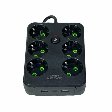 Stekkerdoos met 6 Stopcontacten, 2 USB-poorten + 1 USB-C - 2500W -2 Meter - zwart - Lucky Hawk