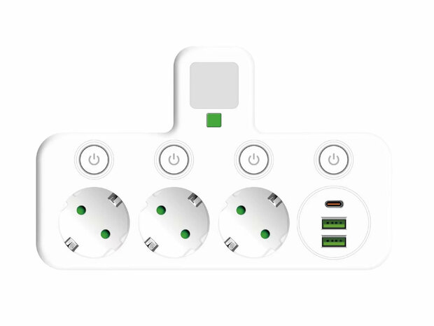 EU-stekkerdoos met 3 stopcontacten, 2 USB-poorten + 1 USB-C - 2500W