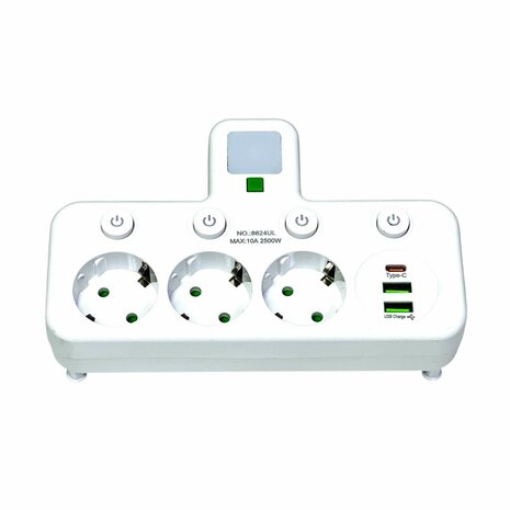 EU-stekkerdoos met 3 stopcontacten, 2 USB-poorten + 1 USB-C - 2500W