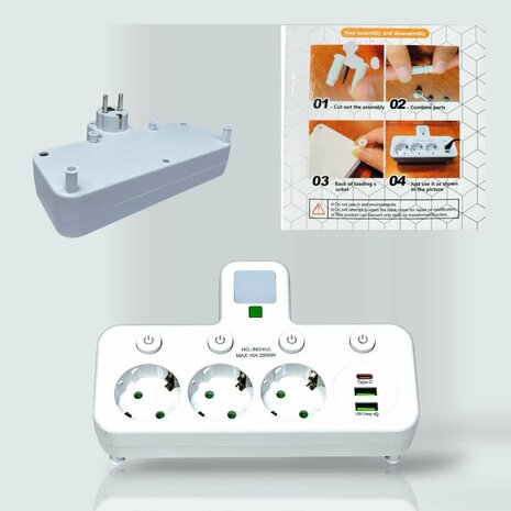 EU-stekkerdoos met 3 stopcontacten, 2 USB-poorten + 1 USB-C - 2500W