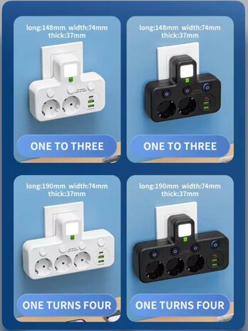 Stekkerdoos met 3 stopcontacten, 2 USB-poorten + 1 USB-C - 2500W - EU