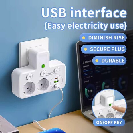 Stekkerdoos met 3 stopcontacten, 2 USB-poorten + 1 USB-C - 2500W - EU