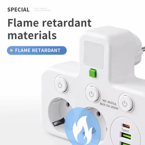 Stekkerdoos met 3 stopcontacten, 2 USB-poorten + 1 USB-C - 2500W - EU