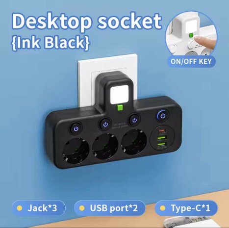 Stekkerdoos met 3 stopcontacten, 2 USB-poorten + 1 USB-C - 2500W - EU