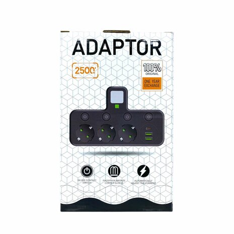Stekkerdoos met 3 stopcontacten, 2 USB-poorten + 1 USB-C - 2500W - EU