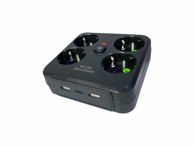 Europese stekkerdoos, 4 stopcontacten zonder verlengkabel met 2 USB 1 Type-C-poorten