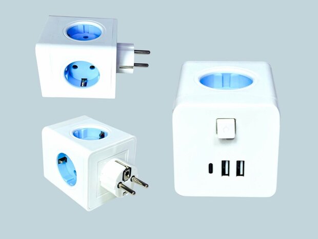 Stekkerdoos 4 stopcontacten zonder verlengkabel kubusmodel met 2 USB 1 Type-C poorten 7in1