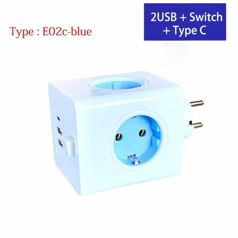 Stekkerdoos 4 stopcontacten zonder verlengkabel kubusmodel met 2 USB 1 Type-C poorten 7in1