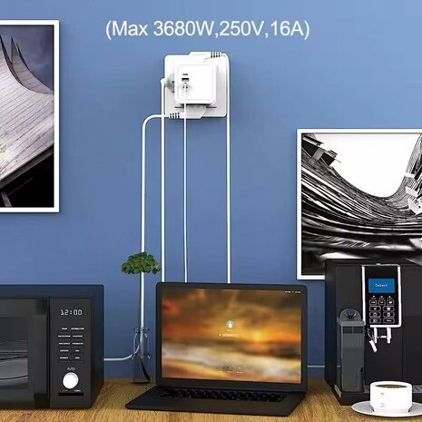 Stekkerdoos 4 stopcontacten zonder verlengkabel kubusmodel met 2 USB 1 Type-C poorten 7in1