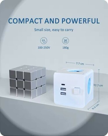 Stekkerdoos 4 stopcontacten zonder verlengkabel kubusmodel met 2 USB 1 Type-C poorten 7in1