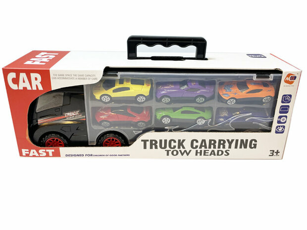 Vrachtwagen transporter truck - speelgoed mini auto&#039;s - 6-delig set koffer - Oplegger voor 12 auto&#039;s- 31cm