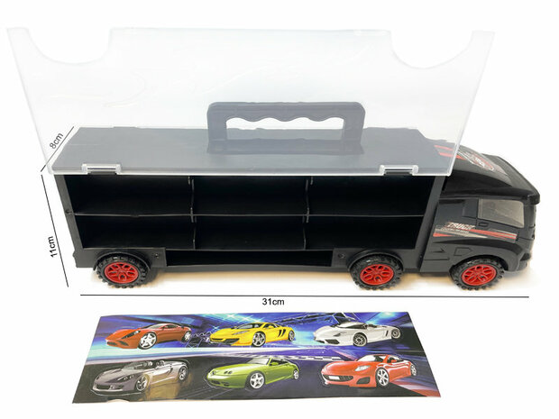 Vrachtwagen transporter truck - speelgoed mini auto&#039;s - 6-delig set koffer - Oplegger voor 12 auto&#039;s- 31cm