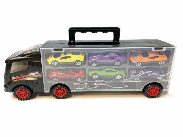 Vrachtwagen transporter truck - speelgoed mini auto&#039;s - 6-delig set koffer - Oplegger voor 12 auto&#039;s- 31cm