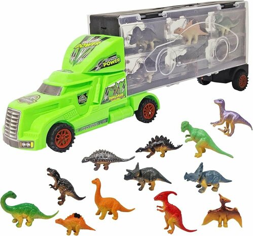 Dinosaurus vrachtwagen transporter truck  - 12 in 1 Dino set koffer - Oplegger - 38.5cm
