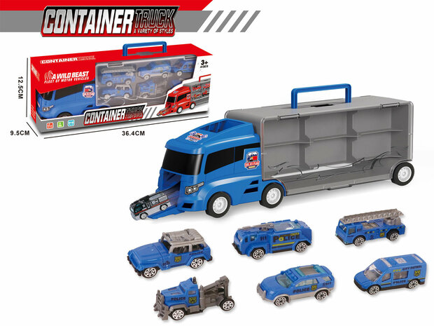 Vrachtwagen set Politie - transporter - 6-delig set - truck koffer - 36.4 cm