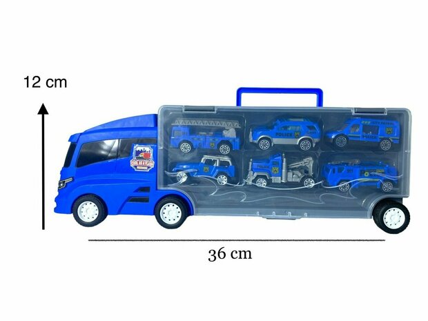 Vrachtwagen set Politie - transporter - 6-delig set - truck koffer - 36.4 cm
