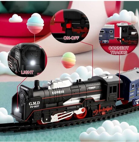 Elektrische trein - Klassiek - Met wagons, rails en ledverlichting - Railwagon - 19-delige vintage trein