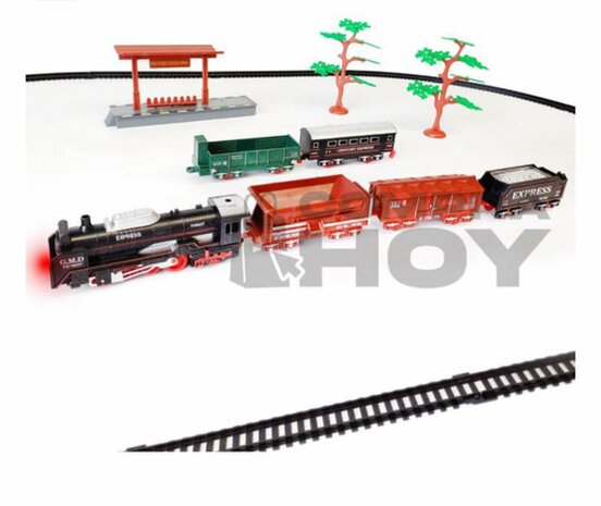 Elektrische trein - Klassiek - Met wagons, rails en ledverlichting - Railwagon - 19-delige vintage trein