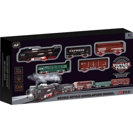 Elektrische trein - Klassiek - Met wagons, rails en ledverlichting - Railwagon - 19-delige vintage trein