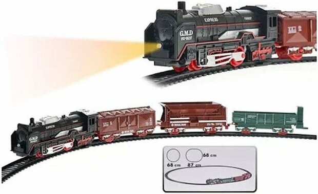 Elektrische trein - Klassiek - Met wagons, rails en ledverlichting - Railwagon - 19-delige vintage trein