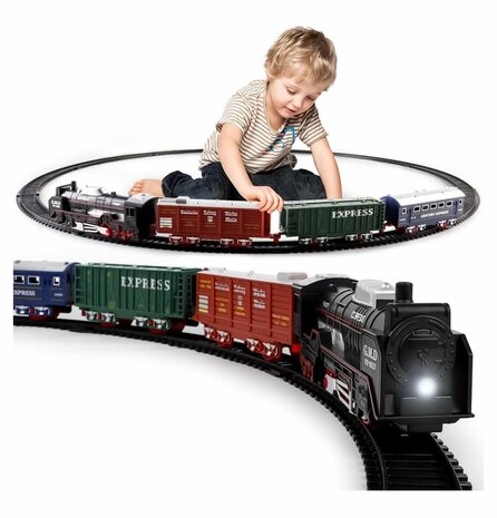 Elektrische trein - Klassieke - Met wagons, rails, muziek en led verlichting - Spoorrijtuig - 19 onderdelen vintage trein