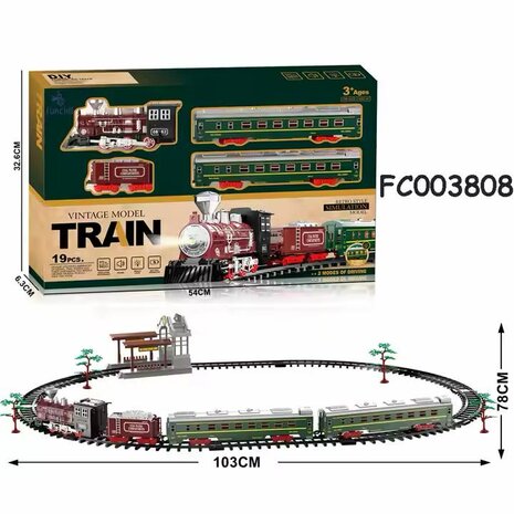 Elektrische trein - Klassieke - Met wagons, rails, muziek en led verlichting - Spoorrijtuig - 19 onderdelen vintage trein