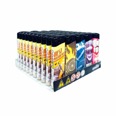 Aanstekers - klik - Navulbare Fix Flame  - 50 stuks per tray Unilite Rock-&#039;n-roll Print