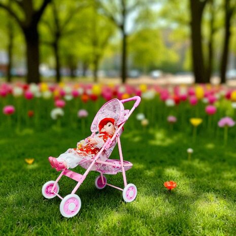 Poppenwagen roze gestipt